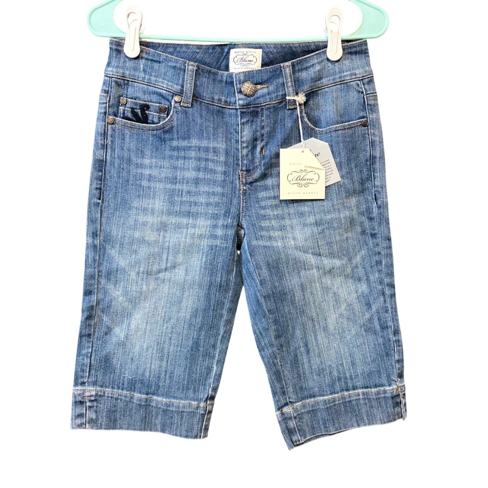 White House Black Market Blanc Y2K Bermuda Denim Shorts Blue Embroidered Sz0 NWT